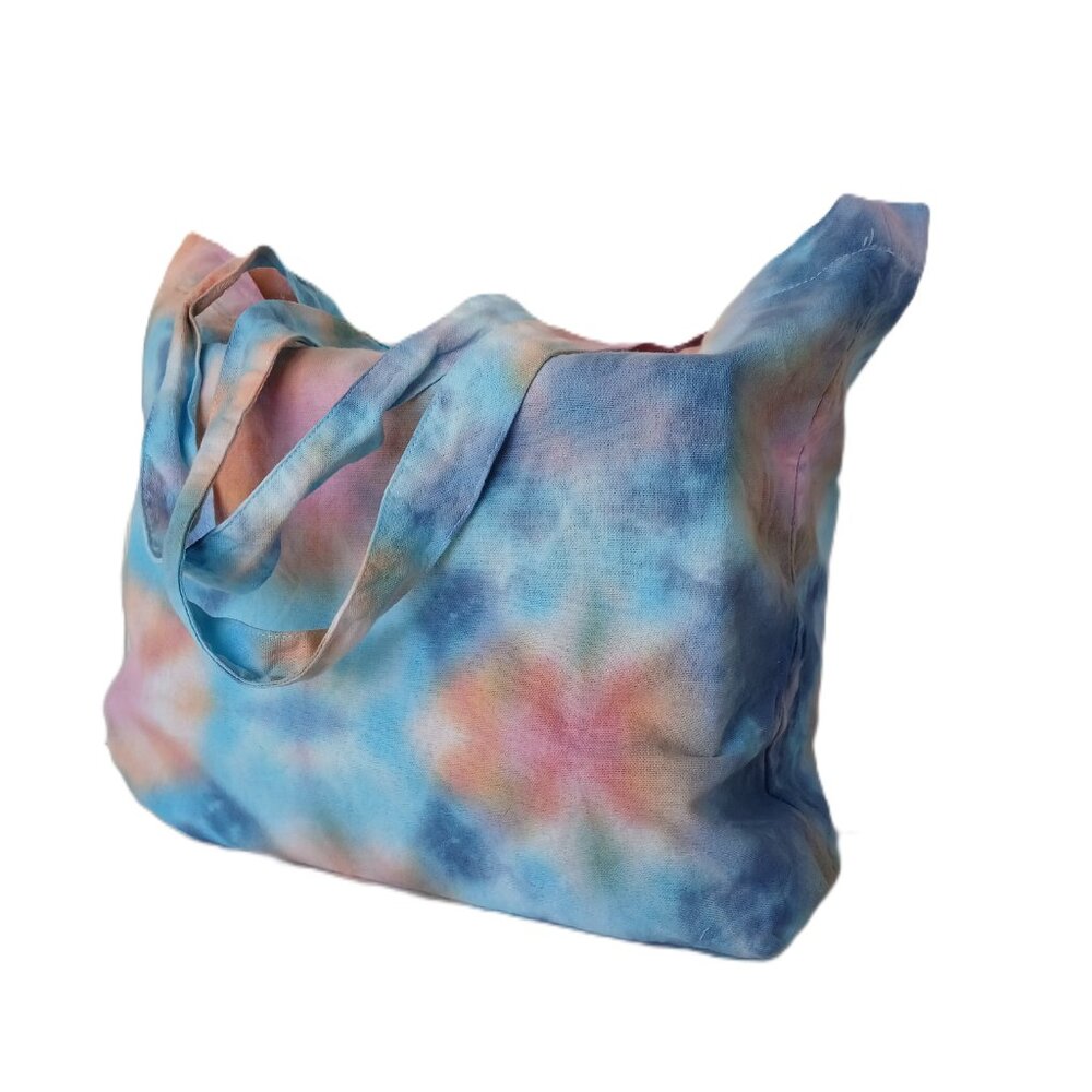Tie Dye Tote Bag Cotton Reusable Grocery Bag With Blue Pink Orange Handmade - Picture 12 of 16
